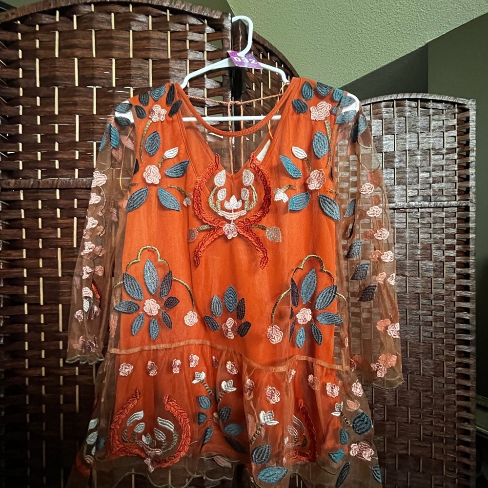 Adiva Orange Floral Embroidered Blouse with blue and dark orange and peach